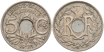 Франция 5 сантимов 1935 KM 875 медно-никель 4596-631