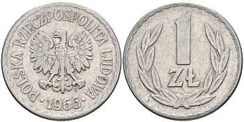 Польша 1 злотый 1966 MW KM 49.1 алюминий 4364-1712