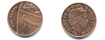 Великобритания 1 пенни 2009 Елизавета II (1952-2022) KM 1107, Spink B6 сталь плакированная медью 177-1158