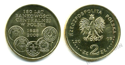 Польша 2 злотых 2009 MW, 180 лет центральному банку Польши KM 675 латунь UNC M5-12