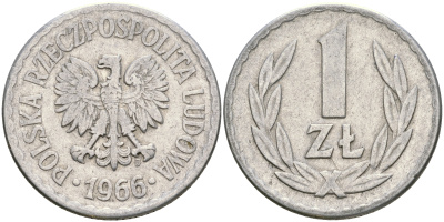 Польша 1 злотый 1966 MW KM 49.1 алюминий 4364-1712