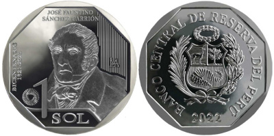 Перу 1 новый соль 2022 200 лет независимости Перу, Хосе Фаустино Санчес Каррион KM NEW медно-никель  UNC  M34-09