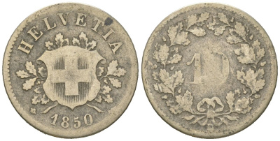 Швейцария 10 раппенов 1850 BB KM 6 серебро 4617-436