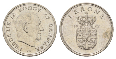 Дания 1 крона 1972 C; S, Фредерик IX (1947-1972) KM 851.1 медно-никель 4641-1215