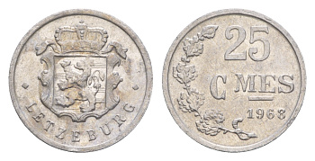 Люксембург 25 сантимов 1968 Герцог Жан (1964-1999) KM 45a.1 алюминий  aUNC  4659-531