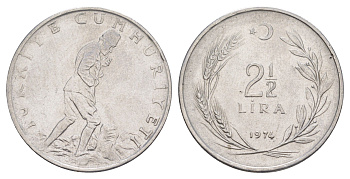 Турция 2 1/2 лиры 1974 KM 893.2 нержавеющая сталь 4645-515