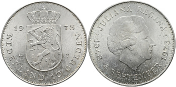 Нидерланды 10 гульденов 1973 25 лет правления королевы Юлианы KM 196 серебро UNC 413-3542