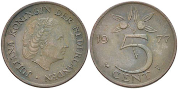 Нидерланды 5 центов 1977 Юлиана (1948-1980) KM 181 бронза 213-1141
