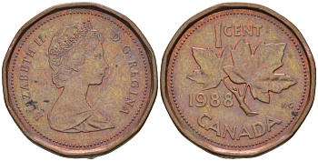 КАНАДА 1 ЦЕНТ 1988 КЛЕНОВЫЙ ЛИСТ, ЕЛИЗАВЕТА II KM 132 бронза 54-227