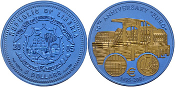 Либерия 5 долларов 2005 10 лет евро, страны еврозоны, Нидерланды, с сертификатом, би-колор (два цвета), вес 7,78 гр., диаметр 35 мм.  ниобий  UNC  1084-8-63