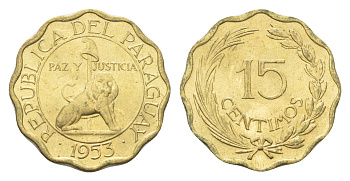 Парагвай 15 сентимо 1953 лев, фригийский колпак на шесте KM 26 алюминиевая бронза  aUNC  M78-05