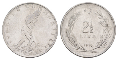 Турция 2 1/2 лиры 1974 KM 893.2 нержавеющая сталь 4645-515