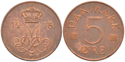 ДАНИЯ 5 ЭРЕ 1978 S; B, МАРГРЕТЕ II (1972-) KM 859,1 железо плакированное медью 201-1166