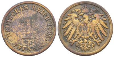 ГЕРМАНИЯ 1 ПФЕННИГ 1905 J KM 10, Jager. 10, Weege 2 медь 4528-1233