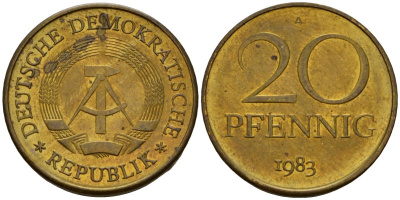 ГДР 20 пфеннигов 1983 A KM 11 латунь 4601-544
