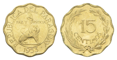 Парагвай 15 сентимо 1953 лев, фригийский колпак на шесте KM 26 алюминиевая бронза  aUNC  M78-05