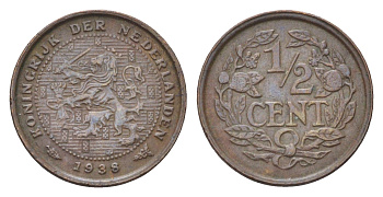 Нидерланды 1/2 цена 1938 Вильгельмина (1890-1948) KM 138 бронза 4702-627