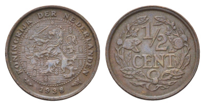 Нидерланды 1/2 цена 1938 Вильгельмина (1890-1948) KM 138 бронза 4702-627
