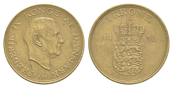 Дания 1 крона 1956 C, Кристиан X (1912-1947) KM 837 алюминиевая бронза 4654-746