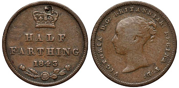 Великобритания 1/2 фартинга 1843 Виктория (1837-1901) KM 738, Spink 3951 медь 1518-123