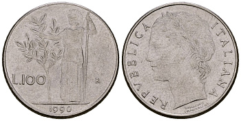 Италия 100 лир 1990 KM 96.2 нержавеющая сталь 4173-665