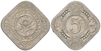 Нидерланды 5 центов 1939 Вильгельмина (1890-1948) KM 153 медно-никель 4171-231