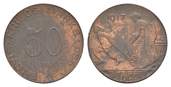 Билефельд 50 пфеннигов 1917 Funck 40.4, Men05 2775.10, Men18 3552.10 цинк 4638-353