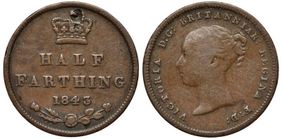 Великобритания 1/2 фартинга 1843 Виктория (1837-1901) KM 738, Spink 3951 медь 1518-123