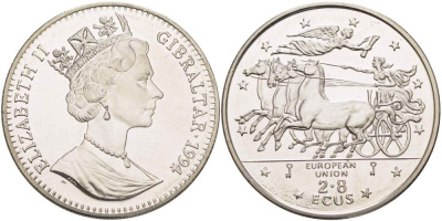 Гибралтар 2,8 экю 1994 ЕВРОПЕЙСКИЙ СОЮЗ, КВАДРИГА, МИФОЛОГИЯ KM 489 медно-никель UNC 4527-513