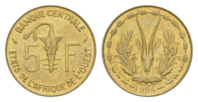 Западная Африка (BCEAO) 5 франков 1984 Центральный банк государств Западной Африки KM 2a медь алюминий никель aUNC 4643-745