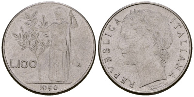 Италия 100 лир 1990 KM 96.2 нержавеющая сталь 4173-665