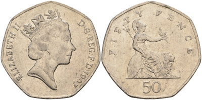 Великобритания 50 пенсов 1997 Елизавета II (1952-2022) KM 940.2, Spink 4351 (H7) медно-никель 84-1043