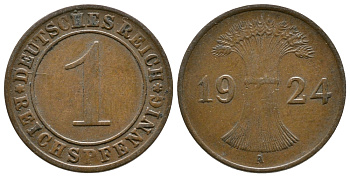 ГЕРМАНИЯ 1 РЕЙХСПФЕННИГ 1924 А KM 37, J.313 бронза 4380-1053