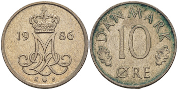 Дания 10 эре 1986 R; B, Маргрете  II (1972-2024) KM 860.3 медно-никель 100-264
