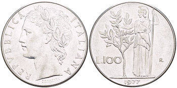 ИТАЛИЯ 100 ЛИР 1977 R, АФИНА У ОЛИВКОВОГО ДЕРЕВА KM 96.1 нержавеющая сталь 4545-714