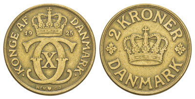 Дания 2 кроны 1925 HCN; GJ, Кристиан X (1912-1947) KM 825 алюминиевая бронза 114-545