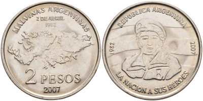 Аргентина 2 песо 2007 25 лет оккупации Фолклендских островов KM 144 медно-никель UNC 4368-532