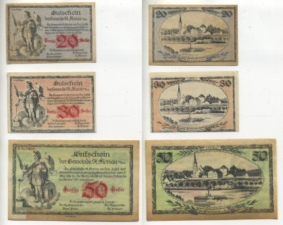 Австрия набор из 3 банкнот 1920 15 мая 1920-30 октября 1920, нотгельд, 20, 30 ,50 геллеров, ST. FLORIAN am JNN, второй выпуск   бумага  XF 7555-21-3-2