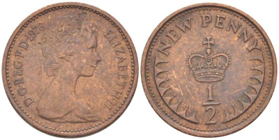 Великобритания 1/2 пенни 1976 Елизавета II (1952-2022) KM 914, Spink 4239 бронза 46-666