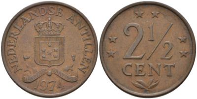 Нидерландские Антилы 2 1/2 цента 1974 Юлиана (1948-1980) KM 9 бронза 4595-421