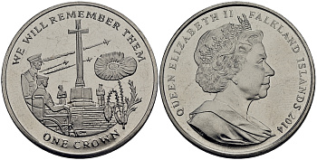 Фолклендские острова 1 крона 2014 в память героев первой мировой войны, военный мемориал Содружества KM 176 медно-никель  UNC 4386-625