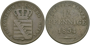 Саксен-Кобург и Гота 1 1/2 пфеннига 1834 KM 84 медь 99-746