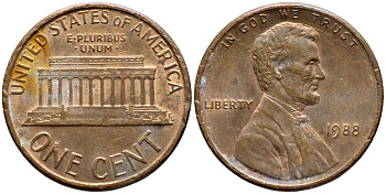 США 1 ЦЕНТ 1988 ЛИНКОЛЬН KM 201b цинк плакированный медью 4396-452