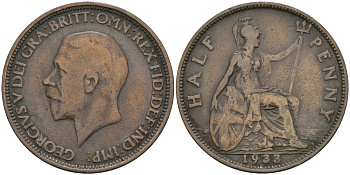 Великобритания 1/2 пенни 1933 Георг V (1910-1936) KM 837, Spink 4058 бронза 4579-154