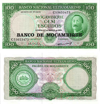 Мозамбик 100 эскудо 1961 (1976) надпечатка на 1961, Айрес де Орнелас  Pick 117 a бумага 8592-46-1-2
