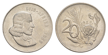 ЮАР 20 центов 1965 Ян ван Рибек (1619-1677), Suid Africa, легенда на африкаанс, цветок протея KM 69.2 никель 4603-933