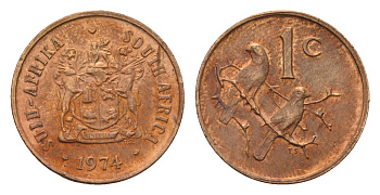 ЮАР 1 цент 1974 герб, капские воробьи, первый год KM 82 бронза 4643-218