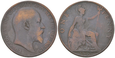 Великобритания 1 пенни 1903 Эдуард VII (1901-1910) KM 794.2, Spink 3990 бронза 221-1231