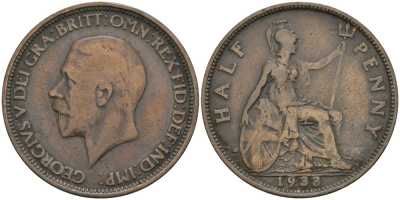 Великобритания 1/2 пенни 1933 Георг V (1910-1936) KM 837, Spink 4058 бронза 4579-154