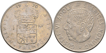 Швеция 1 крона 1970 U, Густав VI Адольф (1950-1973) KM 826a медь плакированный медно-никелем 4150-314